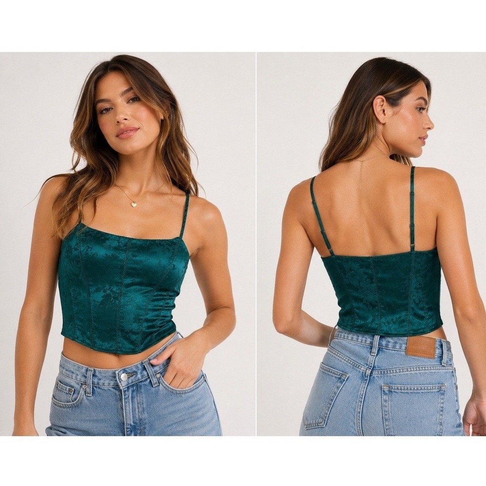 Victoria's Secret Corset Camisole Women Size M Emerald Green Floral Jacquard Top